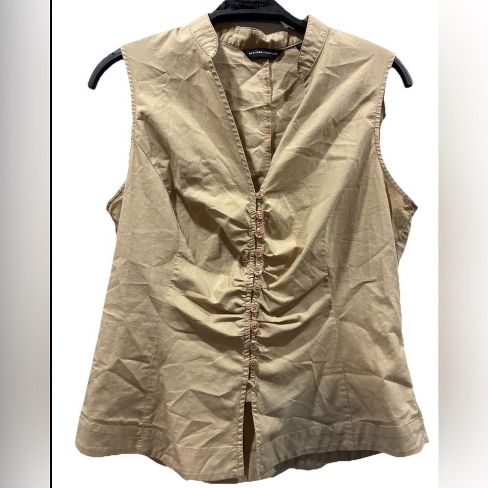New York & Company Ruched Button Front Tan Sleeveless Blouse Size 10